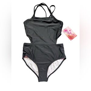 KANU SURF girls one piece black swimsuit size 12 style 9584 side cut outs NWT